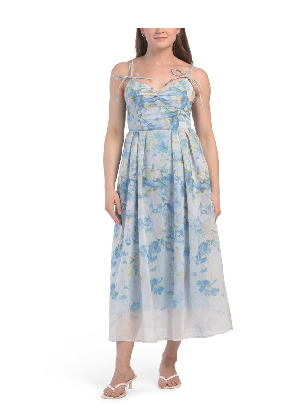 En Saison Light Blue Floral Tie-Shoulder Midi Dress